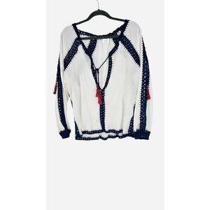 Anna Kosturova hand made oversized crochet trim tunic top white navy SZ Small